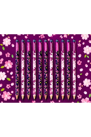 Pink Flowers Desenli Kurşun Kalem 2b Pensan 12 Adet Çok Renkli