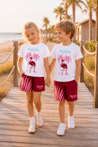 Eray Alp Kids Unisex Çocuk Beyaz Flamingo Baskılı Tişört Şort Takımı Yazlık Günlük Model