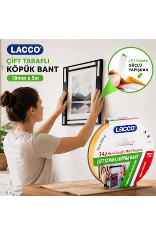 Lacco Çift Taraflı Köpük Bant 18 Mm X 5 M Güçlü Yapışkanlı Çok Amaçlı Montaj Bandı Beyaz 1 Adet
