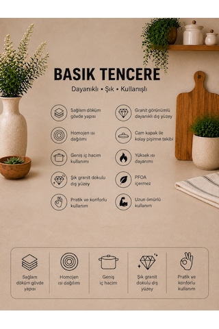Valeria 22 cm Granit Basık Tencere Silikon Kenarlı Cam Kapak - Cappucino Yapışmaz