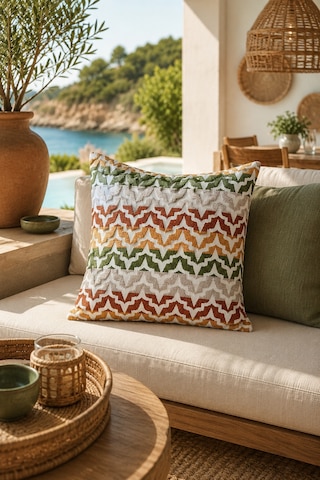 Fuly Consept Rhythmweave Canyon Yeşil Hardal Kiremit Dokulu Görünümlü Bohem Zigzag Kırlent Kılıfı Çok Renkli