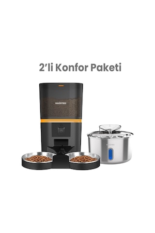 Haustier Hst-qq009 Dual Siyah Akıllı Mama Kabı, Hst-wf009l-w Kedi Su Sebili 2 Li Set Haustier Türkiye Garantili