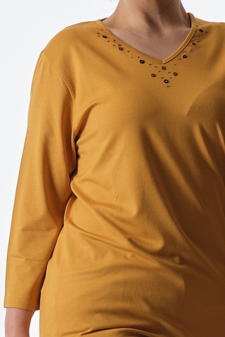 Desen Oversize V Yaka 3/4 Kol Kadın Bluz - Minimalist Tarz Bal