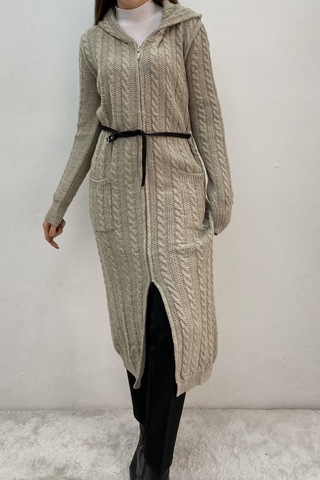 Onno Style Women Bayanuzun Kapşonlu Saç Örgü Ceket Taş