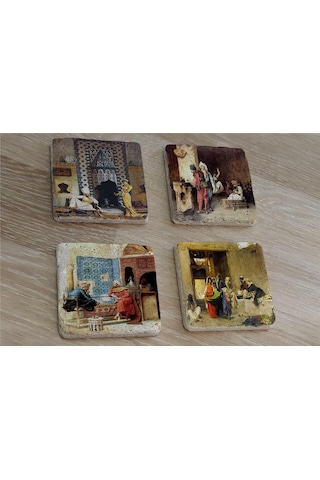 Oryantal Satranç Oynayanlar Kahveci Ve Sultan Süleyman Doğal Taş Bardak Altlığı 4'lü Set - Natural Stone Coasters - Taş Çok Renkli