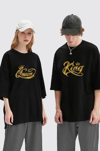 Unisex Kadın Erkek King Queen Baskılı Sevgili Çift Kombini Tasarım Oversize T-shirt 2'li Set Siyah Mck1950 Siyah