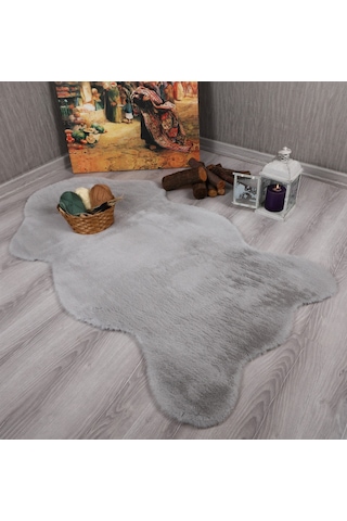 Tavşan Tüyü Dekoratif Ultra Yumuşak Post Peluş Kaymaz Halı Gri