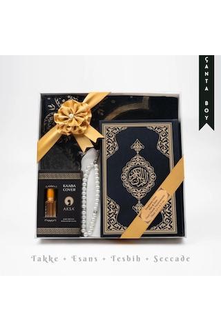 Takke + Esans + Tesbih + Seccade + Kuran Hediye Seti Çanta Boy, Siyah