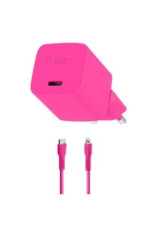 Ttec Smartcharger Gan 20W PD Seyahat Hızlı Şarj Aleti+USB-C-Lightning 120 CM Kablo Neon Pembe