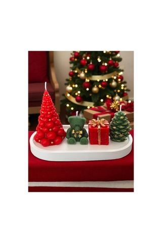 Yılbaşı Chrismas Noel Dekoratif Mum Seti 5 Li Çam Ağacı, Ayıcık, Hediye Kutusu, Kozalak,sunum Tabağ
