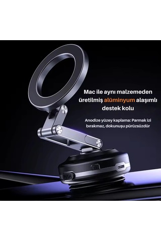 Shopytech X63 Alüminyum Alaşımlı Manyetik Araç Telefon Tutucu 360 Çok Eksenli Vakum Tabanlı Type-c 1 Adet
