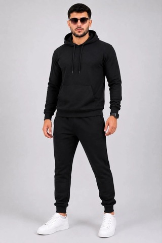 Novalisse Erkek İki İplik Kapüşonlu Kanguru Cepli Sweatshirt Jogger Pantolon Alt Üst Eşofman Takımı -siyah Çoklu Renk
