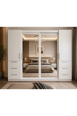 Alya Tamamı Mdf Sürgü Kapaklı Dolap Gardırop Beyaz 208cm