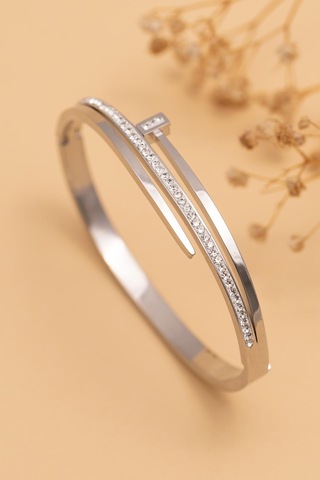 Kadın Çelik Bileklik - Taşlı Çivi Model 3 Sıra Kadın Kelepçe Gümüş