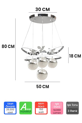 4 Toplu Kumandalı Büyük Salon Avize 3 Renk Krom Gümüş Kasa Saray