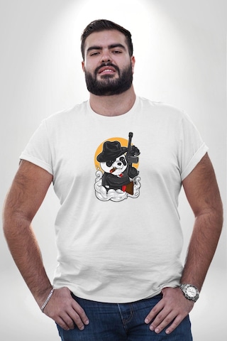 Angemiel Gangster Panda Beyaz Büyük Beden Kadın Erkek Ünisex Basic Ön Baskılı Tişört Beyaz