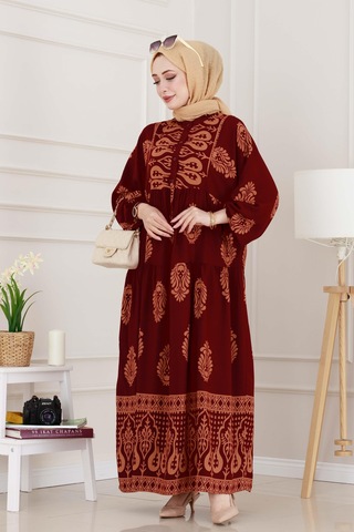 Sevitli Yarım Düğmeli Robalı Amine Elbise-bordo-4942