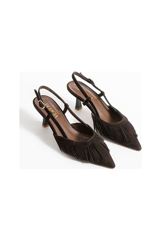 Dericia Shoes Jewel Hakiki Deri Süet Püskül Detaylı Kadın İnce Topuklu Ayakkabı Kahverengi