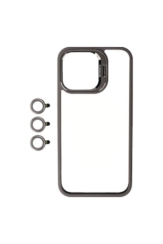 Apple Uyumlu iPhone 15 Pro Kılıf Kamera Lens Korumalı Standlı Zore Klon Lensli Kapak Gri