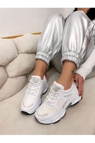 Erva'nın Butiği Beyaz Cilt Leo Leopar Detaylı Kadın Bağcıklı Sneakers-5202