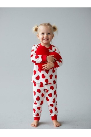 Zekids Kız Bebek Pamuklu Kalp Desenli Pijama Takımı-16850 Kırmızı