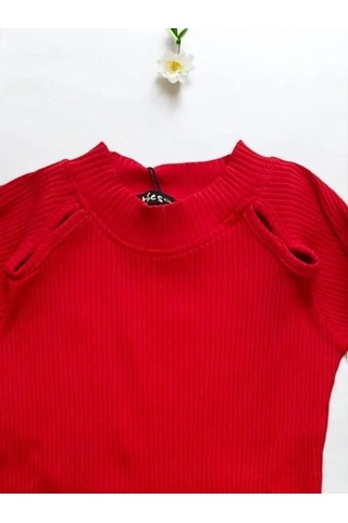 Kız Çocuk Yarım Balıkçı Yaka Detaylı Fitilli Bluz-14344 Kırmızı