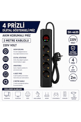 Sh-4635 4 Lü Akım Korumalı Priz Dijital Voltaj Göstergeli 2500w 2 Metre Kablolu Anahtarlı Topraklı Çoklu Grup Priz 2 M