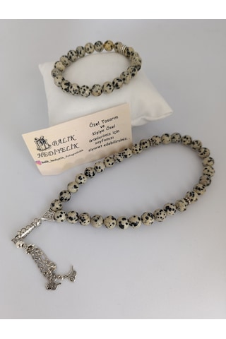 Doğaltaş Tespih-bileklik Takım Ahşap Kutulu /jasper Taşı Dalmaçy Bej