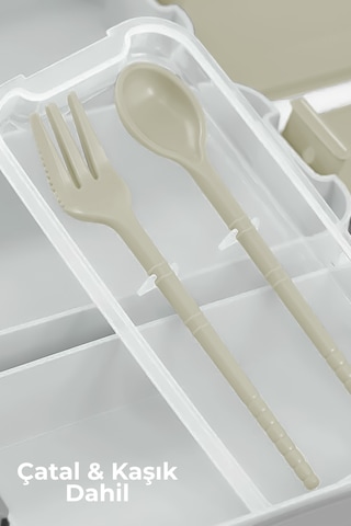 3 Katlı Bölmeli Lunchbox - Kilitli - Taşıma Saplı - Kaşık & Çatal Dahil Bej