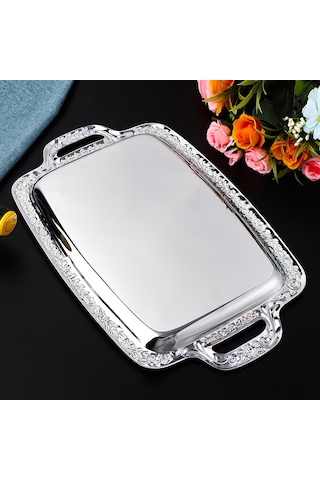 Wezone Stokta Çelik Tepsiler: Gümüş Kenarli Dikdörtgen Masaüstü Meyve-atıştırmalık Servis Ve Saklama Tabağı 40x23cm Diğer