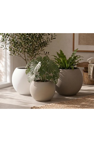Zevli Japandi Tarzı Modern Küre Saksı 3'lü Set - Su Sızdırmaz Dekoratif Salon Ve Balkon Saksısı Hediyelik Çiçeklik Seti Sahra Kumu & Mermer Beyazı, 2