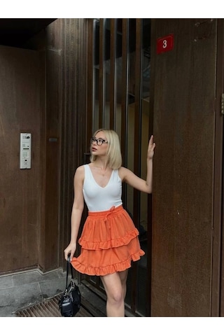 Bel Lastikli Kat Fırfır Detaylı Kısa Etek - Turuncu Turuncu