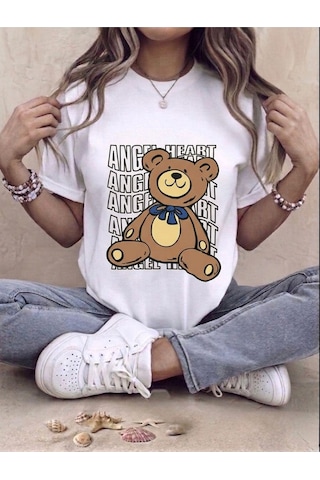 Unisex Ayıcık Baskılı Kompakt T-shirt Beyaz