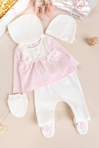 Babymod Fistolu 100% Pamuk Kız Bebek Takım 5'li Set Pudra