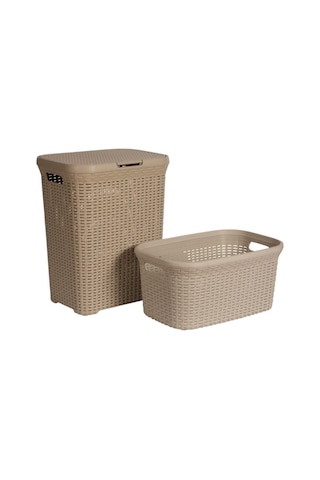 2'li Set Hasır Desenli Plastik Bej Çamaşır Sepeti & Bej Çamaşır Selesi Bej