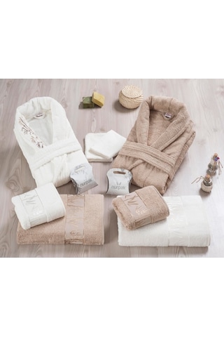Nurpak Bambu Aile Bornoz Seti Kahve Krem