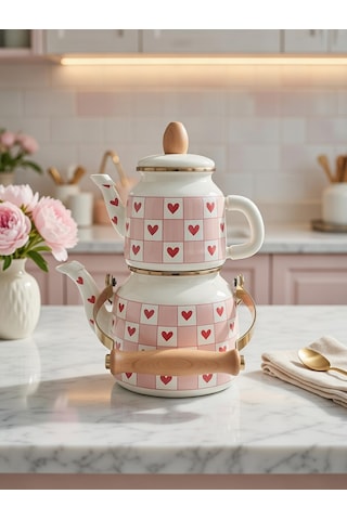 Retro Pembe Damalı Kalp Desenli Emaye Çaydanlık - Çift Katlı Vintage Takım, Ahşap Saplı Yeni Model Beyaz - Pembe