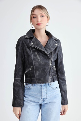 Vitrin Fermuarlı Suni Deri Crop Biker Ceket Siyah
