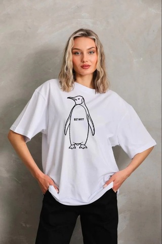 Wear Vexel Kadın T-shirt Nihilist Penguen Baskılı Bisiklet Yaka Kısa Kol Yazlık Tişört - Beyaz Beyaz