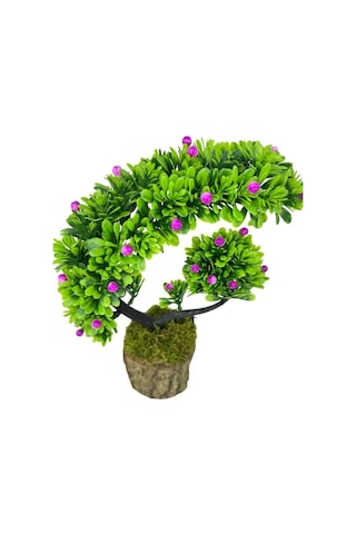 Yapay Çiçek Bonsai Ağacı Kütük Saksıda Lila Tomurcuklu Hilal Model Dekoratif Yapay Ağaç Bonzai 30 20 Cm