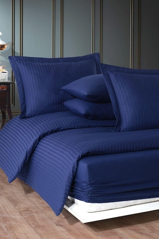 Varol Çift Kişilik Saten Çizgili Nevresim Takımı Lastikli Çarşaf, Parlak Ve Yumuşak Kumaş Lacivert
