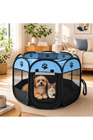 Patibon Evcil Hayvan Katlanabilir Sekizgen Oyun Parkı Kedi Doğum Odası Mavi 91x58 Cm