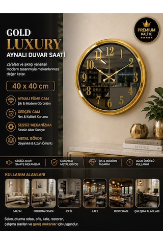 Gold Luxury Aynalı 40 X 40 Cm Duvar Saati