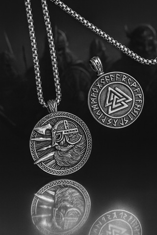 Paslanmaz Çelik 2 Li Viking Kolye Seti Valknut Ve Savaşçı Sembolü Erkek Kolye Gümüş