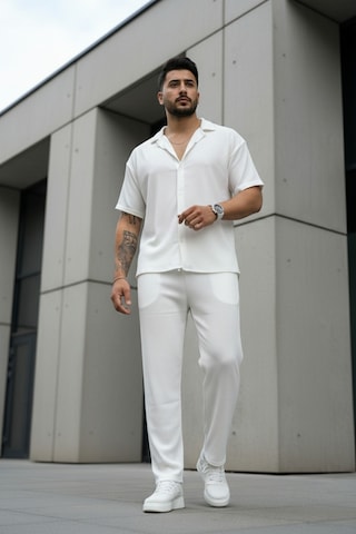 Fifty Color Unisex Trend Bürümcük Krinkıl Kumaş Yazlık Likralı Kısa Kol Gömlek Ve Eşofman Takım Beyaz