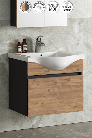Yıldız 55 Cm Antrasit Gri Mat-Atlantik Çam Mdf Seramik Lavabolu Asma Banyo Alt Dolabı Antrasit - Atlantik Çam