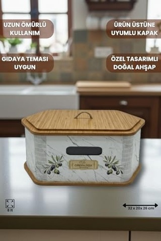 Geleneksel Tasarım Kapaklı Büyük Ekmeklik Altıgen Ahşap Ekmek Sepeti Mermer Desenli