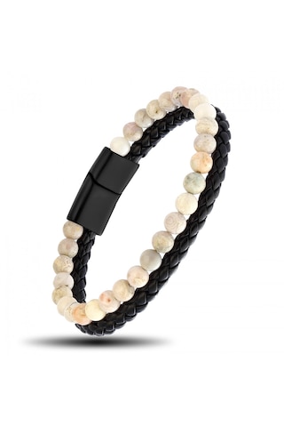 Akik Doğaltaş Doğal Deri Ve Çelik Erkek Bileklik Csr2220080 Siyah - Beyaz
