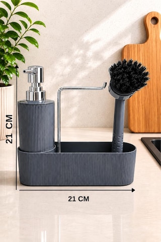 Gri Mutfak Düzenleyici Sabunluk Ve Fırçalık Seti Lavabo Üstü Organizer