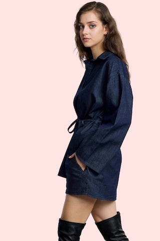 Ersefa Kadın Pamuklu Denim Gömlek Tunik Regular Kalıp İspanyol Kol Günlü Koyu Mavi